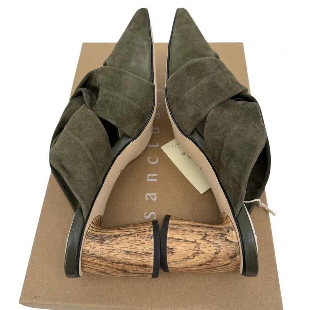 Sanctuary Sunset 2.0 Mossy Green Suede Bow Mule Heels 8.5 NIB Woodgrain Heel ECO